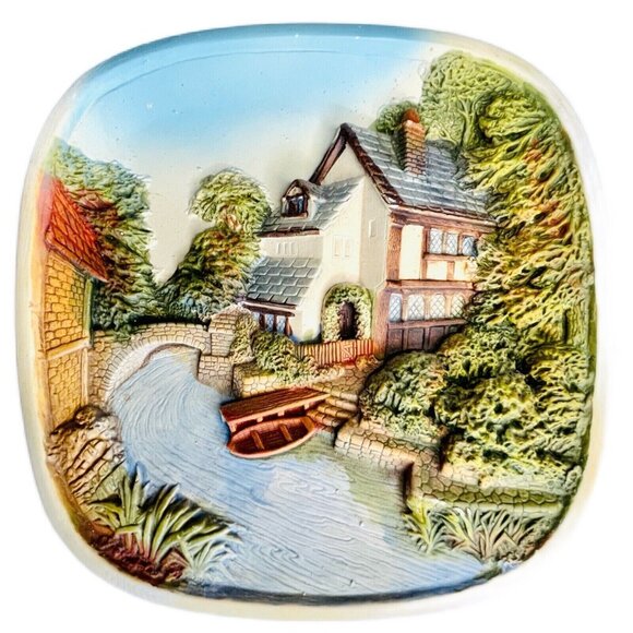 Vintage Wall Plate 3D Chalkware House W Boat By Legend Products England 8"x8" - Picture 7 of 7